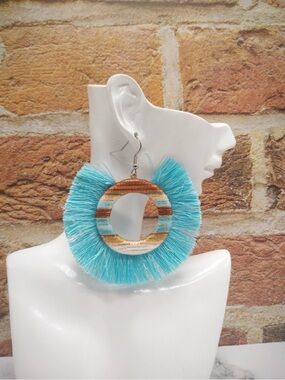 Boho Tassel Raffia Statement Earrings Light Blue Fringe Round Pair